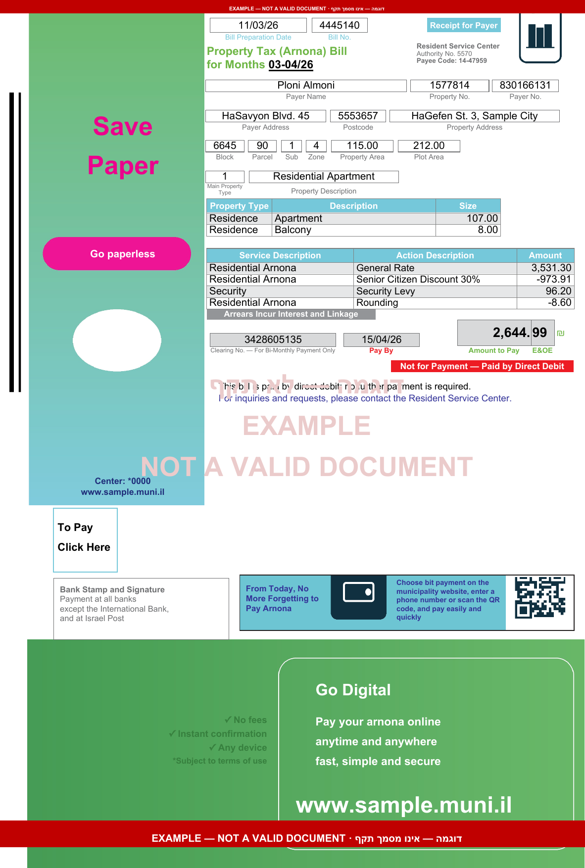 Arnona — municipal property-tax bill (page 1 of 2) — English translation · rendered from our production template