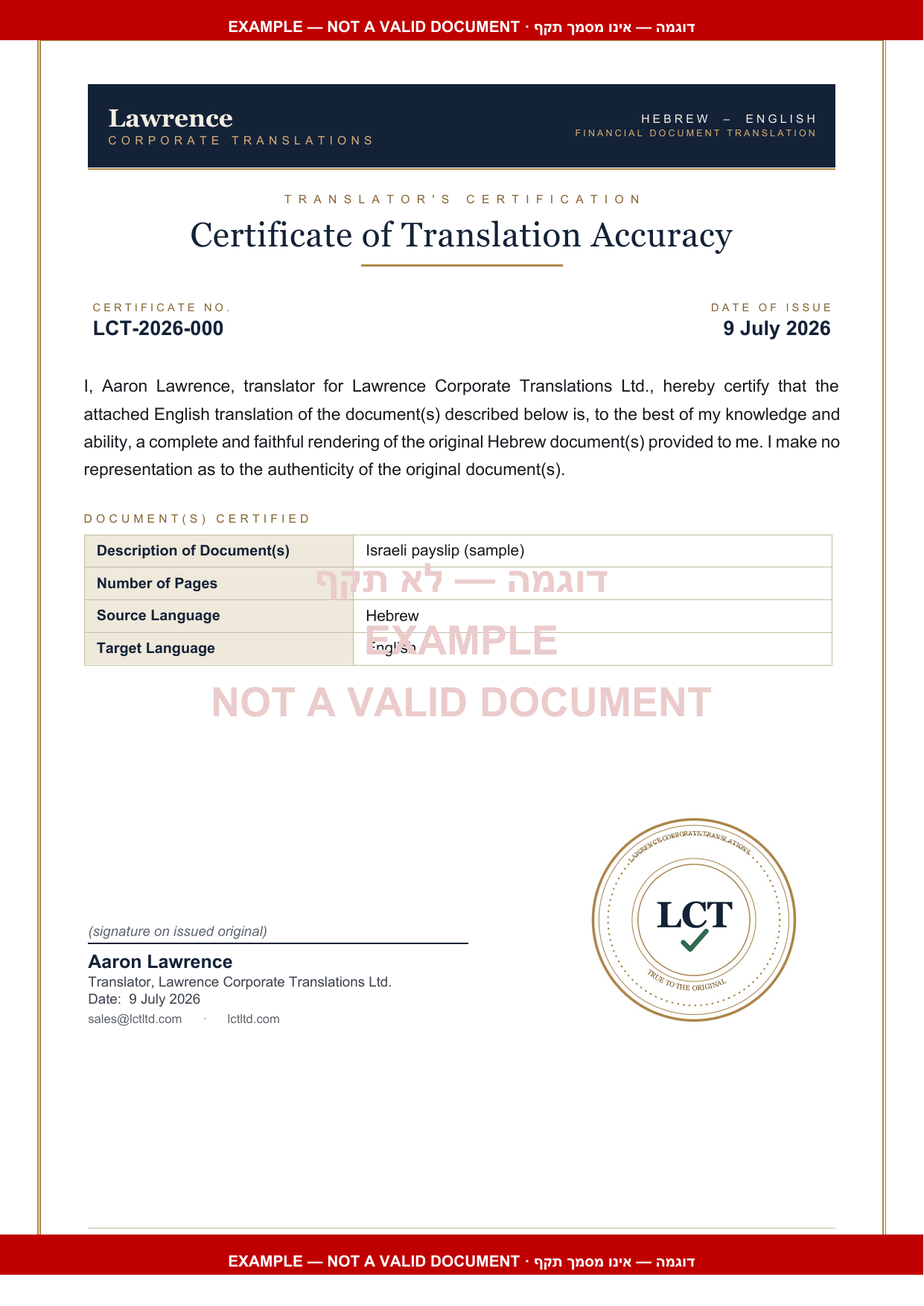 Certificate of translation accuracy · fictional example