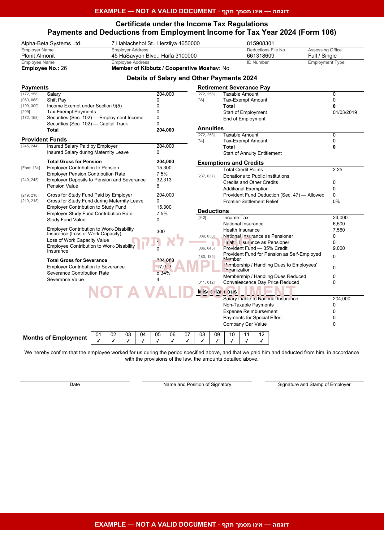 Form 106 — annual salary and withholding certificate — English translation · rendered from our production template