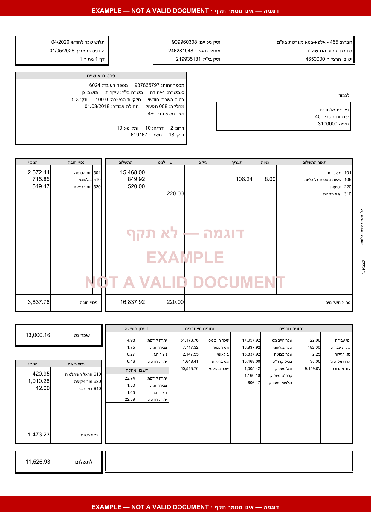 Monthly payslip — Hebrew original · synthetic example